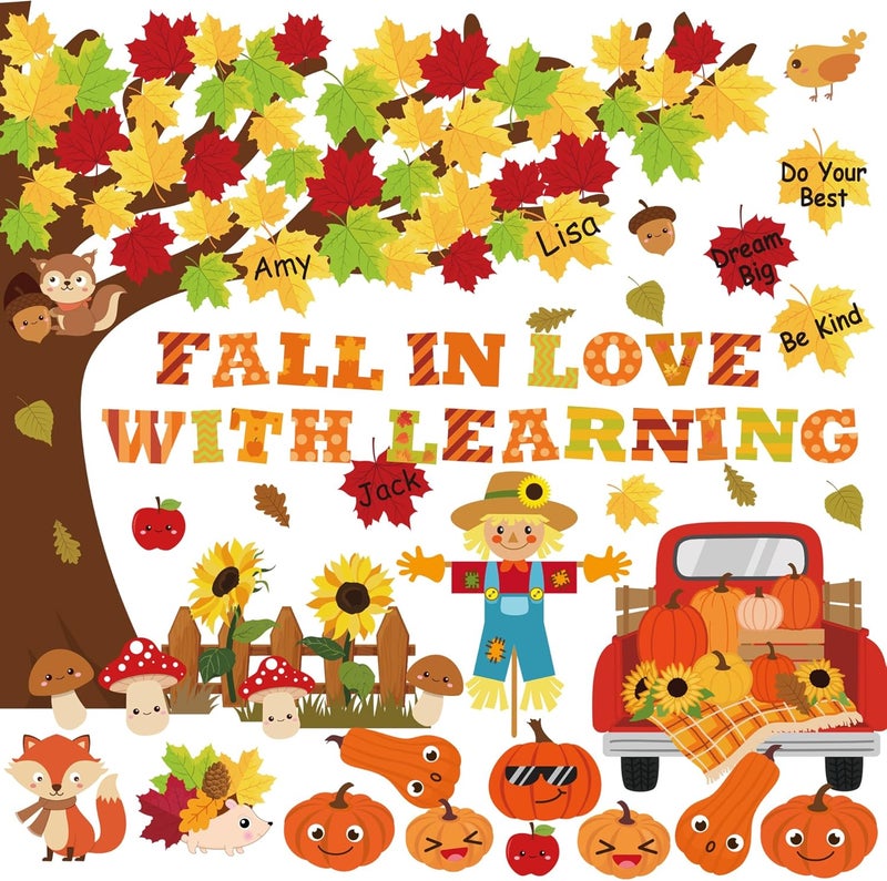 Joffetii 120Pcs Fall Bulletin Board Decorations - Fall in Love with Learning Thanksgiving Autumn Scarecrow Pumpkin Cutouts for Classroom School Office Home Wall - Image 1